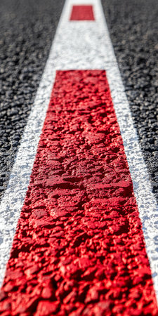 Red and white lines on a textured asphalt surface, creating a dynamic sense of movement and speed.の素材
