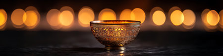 Elegant Golden Bowl with Intricate Design and Atmospheric Bokeh Lights, Festive Backgroundの素材