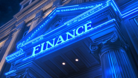 Finance in Neon Glowing Sign on a Classic Bank Facade at Night, Financial Technology Conceptの素材