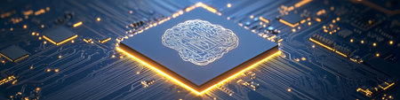 AI Brain Chip On Illuminated Motherboard,Futuristic Technology Concept With Blue And Yellow Colorsの素材
