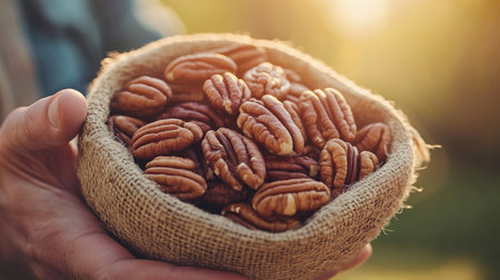 Healthy Pecans in Rustic Burlap Sack, Golden Hour Harvest on the Farm with Copy Spaceの素材