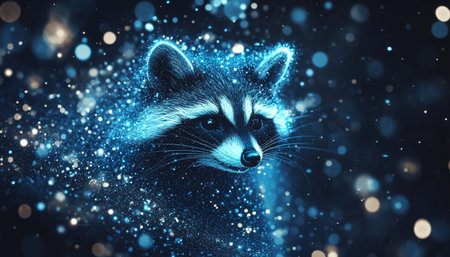 Blue Holographic Raccoon in Digital Space Representing Modern Technology and Innovationの素材