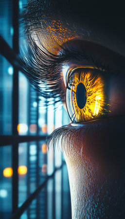 Close Up View of Human Eye with Glowing Orange Iris, Vision or Surveillance, Reflecting Light, Barsの素材