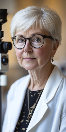 Close Up, Senior Woman Receiving Comprehensive Eye Examination with a Slit Lamp Equipment.の素材