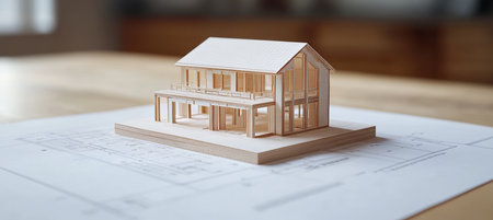 Architectural Model of a Modern House On. Blueprints. Real Estate or Property Developmentの素材
