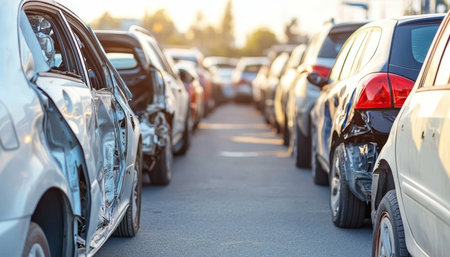 Damaged Vehicles Lined Up In A Row, Wrecked Cars Awaiting Repair Or Assessment After Accidentsの素材
