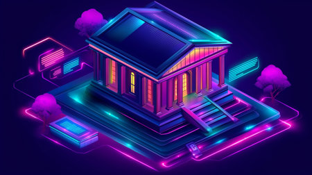 Neon Fintech Cityscape Neoclassical Bank Building in Digital Transformation of Financial Servicesの素材