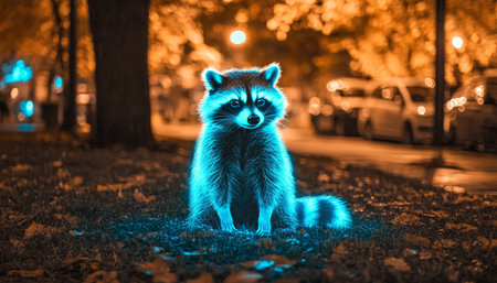 Luminous Neon Raccoon in an Autumnal City Park at Night, Digital Art, Wildlife in Urban Environmentの素材