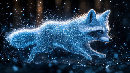 Blue Holographic Raccoon Glides Through Digital Space, Symbolizing a Fusion of Nature and Technologyの素材