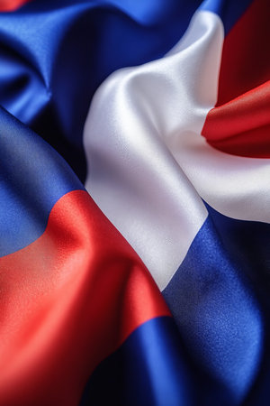 French Flag Luxurious Silk Texture Waving in the Wind, Symbolizing Freedom and Patriotism.の素材