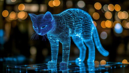 Holographic Cat, Blue Wireframe Feline on Dark Background, Futuristic Technology Conceptの素材