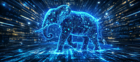 Futuristic Holographic Elephant in Digital Space, Symbolizing Modern Technology and Innovationの素材