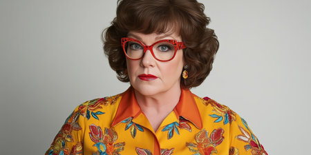 Stylish Mature Woman With Red Cat-Eye Glasses And Colorful Blouse, 1970s Retro Fashion Portraitの素材