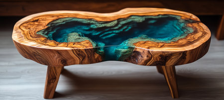 River Table with Decorative Epoxy Resin. Stylish Wooden Furniture Idea and Decoration.の素材