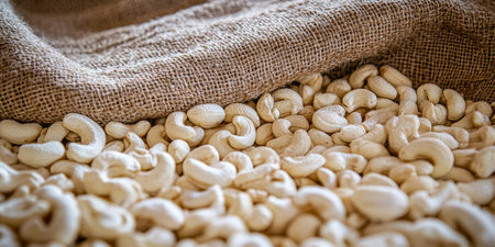 Abundant Organic Cashew Nuts Spilled From a Rustic Burlap Sack A Healthy and Delicious Snackの素材