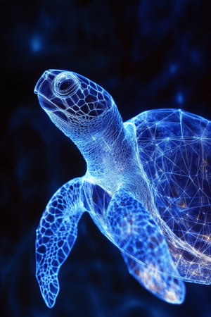 Futuristic Blue Holographic Turtle Glides Through Digital Space, Modern Technology Illustrationの素材