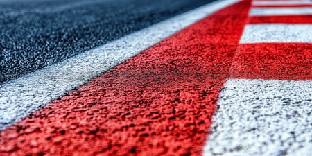 Close-up Red and White Painted Asphalt Detail, Motor Sport Race Track Texture Backgroundの素材