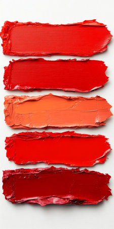 Five Red, Orange Grungy Strokes, Brushstrokes of Oil Paint On White Canvas, Background Textureの素材
