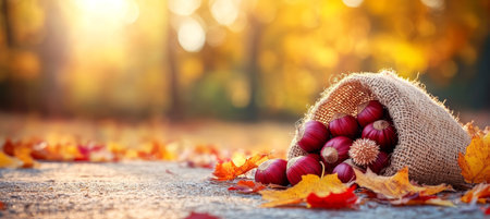 Ripe Chestnuts Spilling from Burlap Sack on Sunny Autumn Background with Colorful Fallen Leavesの素材
