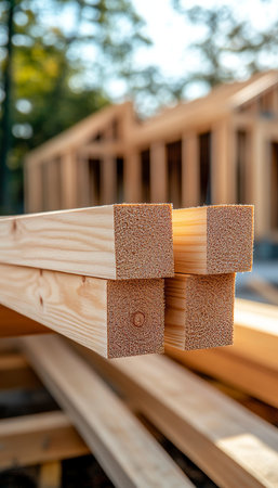 Stack of Sustainable Wood Planks at Construction Site Eco-Friendly, Renewable Building Materialsの素材