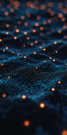 Shining Dots Wave Pattern on Dark Background. Digital Cyberspace with Shining particles connection..の素材