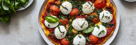 Homemade Italian Pizza With Tomatoes, Mozzarella, and Basil Closeup On the Gray Backgroundの素材