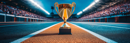 Golden Trophy on Pedestal in Center of Packed Stadium Under Bright Lights, Celebrating Victoryの素材
