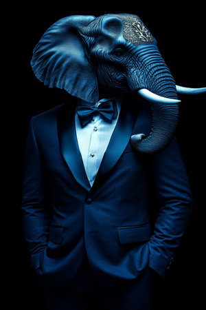 Blue Surreal Portrait Elephant in a Suit on Dark Background, Animal Human Hybrid Conceptの素材