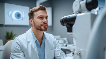 Modern Healthcare Young Professional Undergoes a Digital Vision Test for Eye Health.の素材