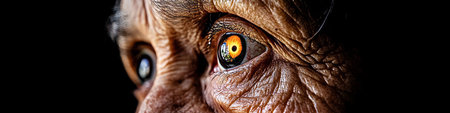 Close Up of Senior Woman s Eye with Golden Light Reflection, Showing Aging, Wrinkles, and Textureの素材