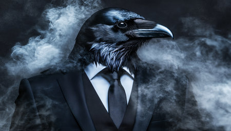 Anthropomorphic Raven in Suit, Mysterious and Dark, on a Black Background, Animal Human Blendの素材