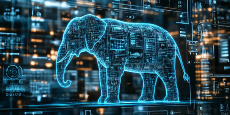 Futuristic Holographic Elephant in Digital Space Representing Modern Innovations and Technology,の素材