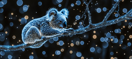 Sparkling Holographic Koala Clinging to a Luminous Branch, Digital Art, Nature Meets Technologyの素材