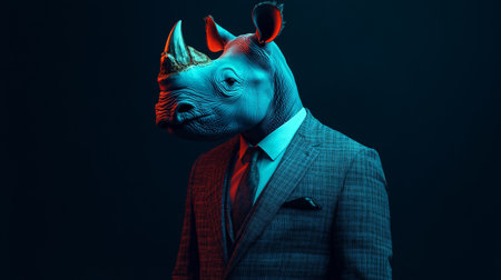 Rhino in Business Suit, Surreal Animal Portrait, Isolated on Black Concept, Anthropomorphismの素材