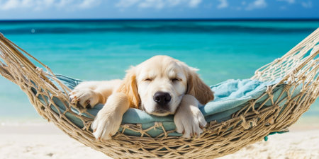Golden Retriever Puppy Enjoys a Relaxing Nap in Hammock on a Tropical Beach with Turquoise Waters.の素材