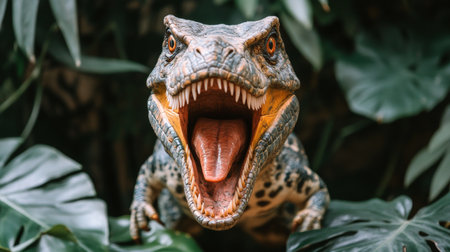 Ferocious Dinosaur Roaring With Sharp Teeth In Lush Jungle, Prehistoric Wildlife, Jurassic Era.の素材
