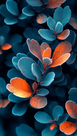Close-Up of Vibrant, Colorful Leaves with Shallow Depth of Field and Bokeh Backgroundの素材