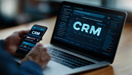 Businessman Accessing Cloud-Based CRM System on Mobile Device, Laptop Showing CRM Iconの素材