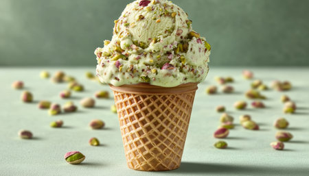 Gourmet Pistachio Ice Cream Scoop in Waffle Cone, Decorated with Rose Petals, on Green Backgroundの素材