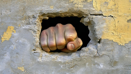Fist Punching Through Concrete Wall, Symbolizing Strength, Determination, Power., And Resilienceの素材