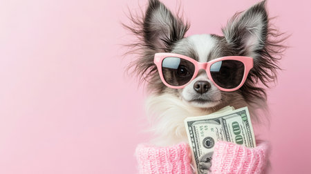 Stylish Chihuahua Dog in Pink Sunglasses and Sweater Holds Cash Money. Finance, Success Conceptの素材