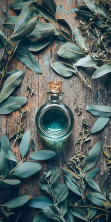 Eucalyptus essential oil in glass bottle with eucalyptus twigs and leaves on old weathered wood,,の素材
