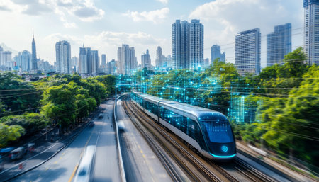 Smart City Rail High-Speed Train with Digital Network Connectivity in a Futuristic Urban Landscapeの素材