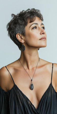 Portrait of a Beautiful and Confident Mature Woman with Short Hair, Isolated on White Backgroundの素材