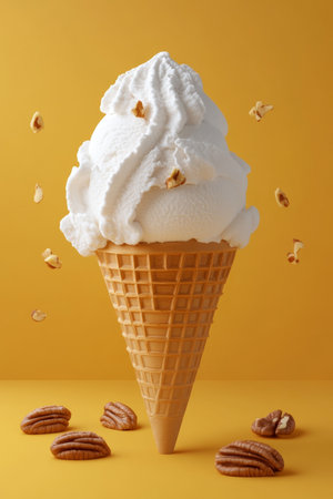 Delicious Butter Pecan Ice Cream in Waffle Cone on Vibrant Yellow Background, Perfect Summer Treatの素材