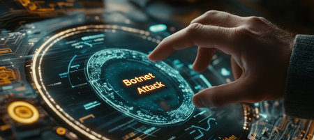 Human Hand Monitoring Futuristic Interface Showing Botnet Attack , Cybersecurity Concept.の素材
