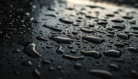 Close-Up Water Beads Dance on Black Metallic Surface, Showcasing The Hydrophobic Effect.の素材