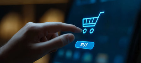 Finger About To Click Buy Button On Screen With Shopping Cart Icon, E-commerce Conceptの素材