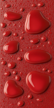 Macro Photography of Red Water Drops on Metallic Surface, Showcasing Hydrophobic Effect.の素材