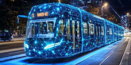 Futuristic Smart Tram at Night Illuminated by a Network A Symbol of Connected Urban Transportの素材